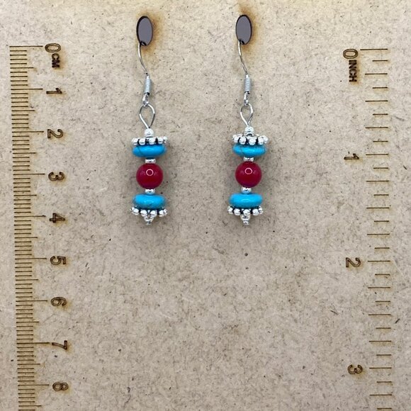 Turquoise Red and Silver Beads Dangle Handmade Pierced Earrings LR145 - Picture 3 of 3